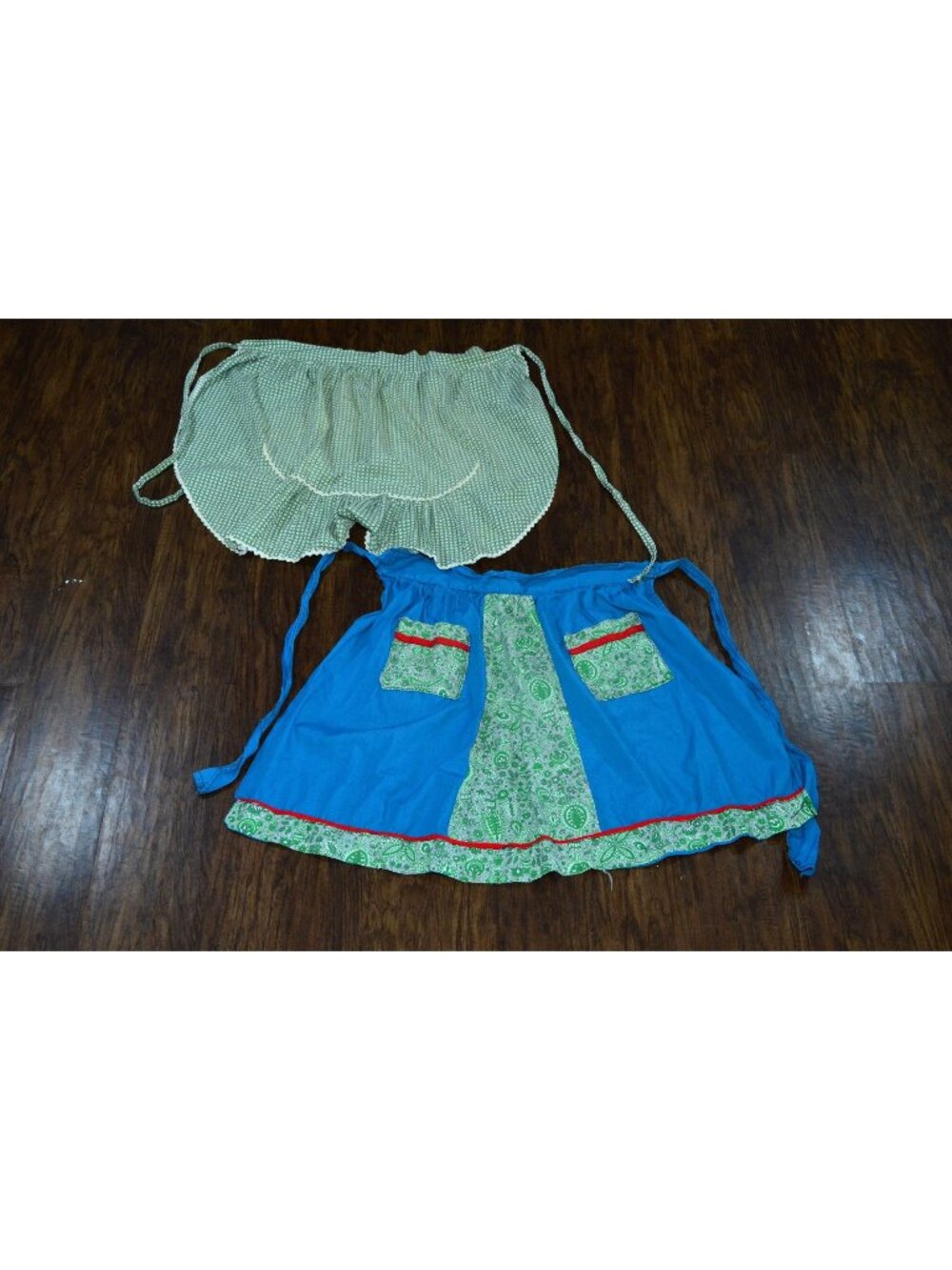 Vintage Aprons Lot of 2 Retro Cottagecore Farmhouse Chic Green Blue Gingham